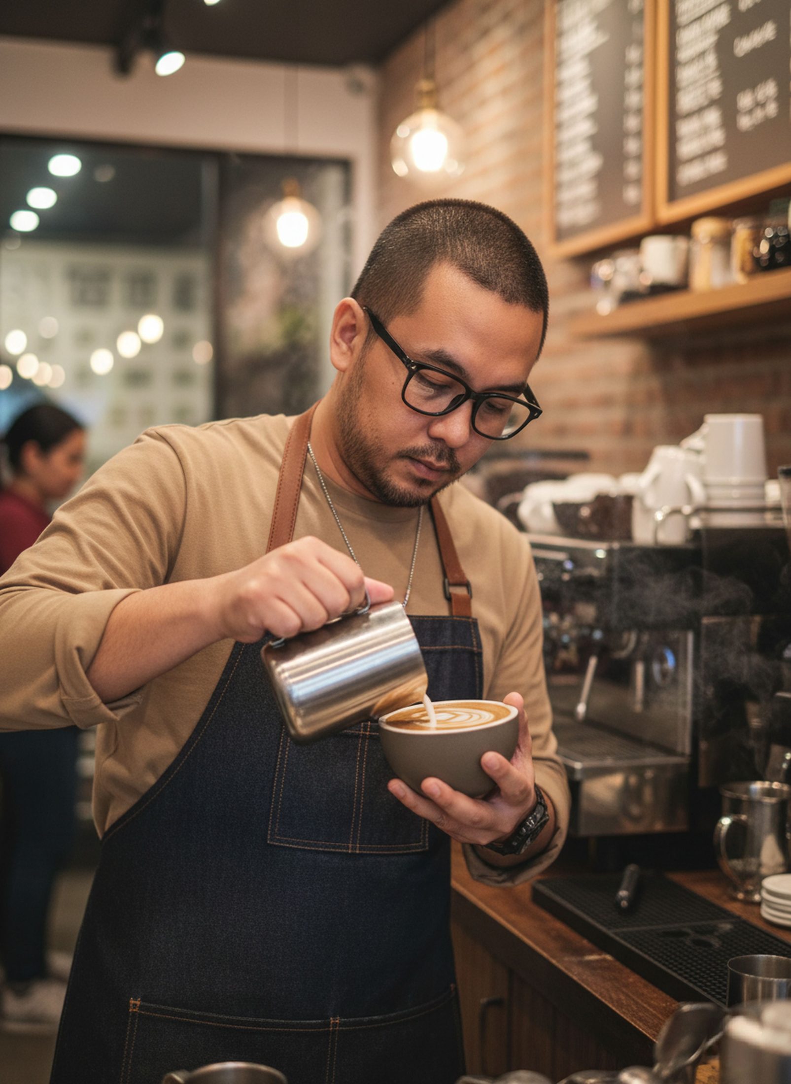 A barista pouring latte art in a local cafe